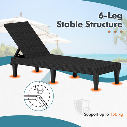 PP Rattan-Style Patio Chaise Lounge Deck Sunbed with 3-Position Adjustable Backrest and 6 Legs