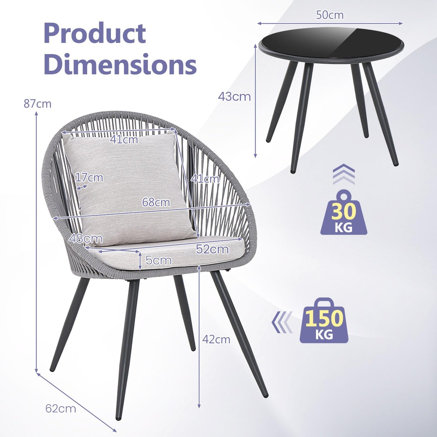 String Patio Bistro Set with 2 Chairs and Glass Coffee Table