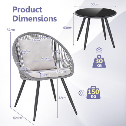 String Patio Bistro Set with 2 Chairs and Glass Coffee Table