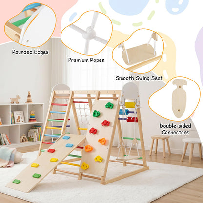 Indoor Climbing Frame, 8 in 1 Wooden Kids Jungle Gym with Swing