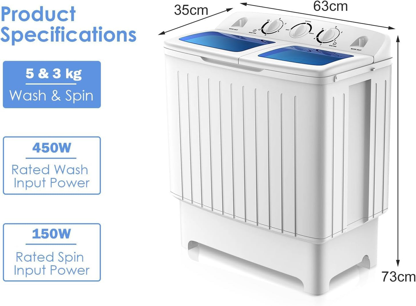 GiantexUK 8KG Compact Washing Machine and Spin Dryer Combo with Timer Control