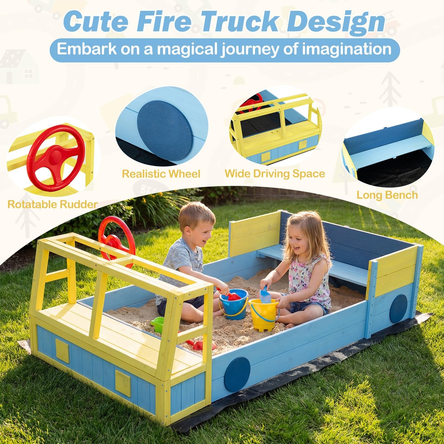 Kids Wooden Sandbox Large Car-Theme Sand Box with Bottom Liner Frame
