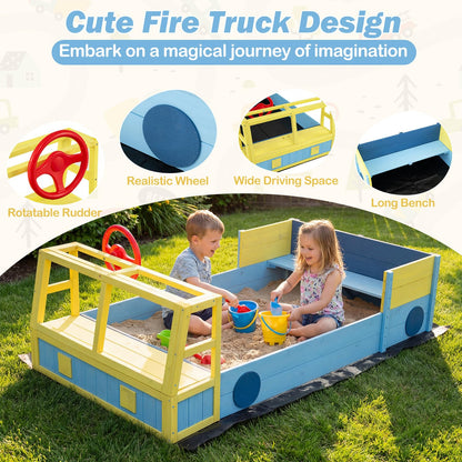 Kids Wooden Sandbox Large Car-Theme Sand Box with Bottom Liner Frame