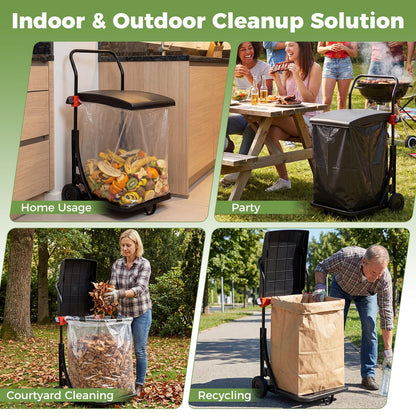 Trash Bag Holder Cart, Height Adjustable Garden Leaf Bag Stand with Wheels and Lid