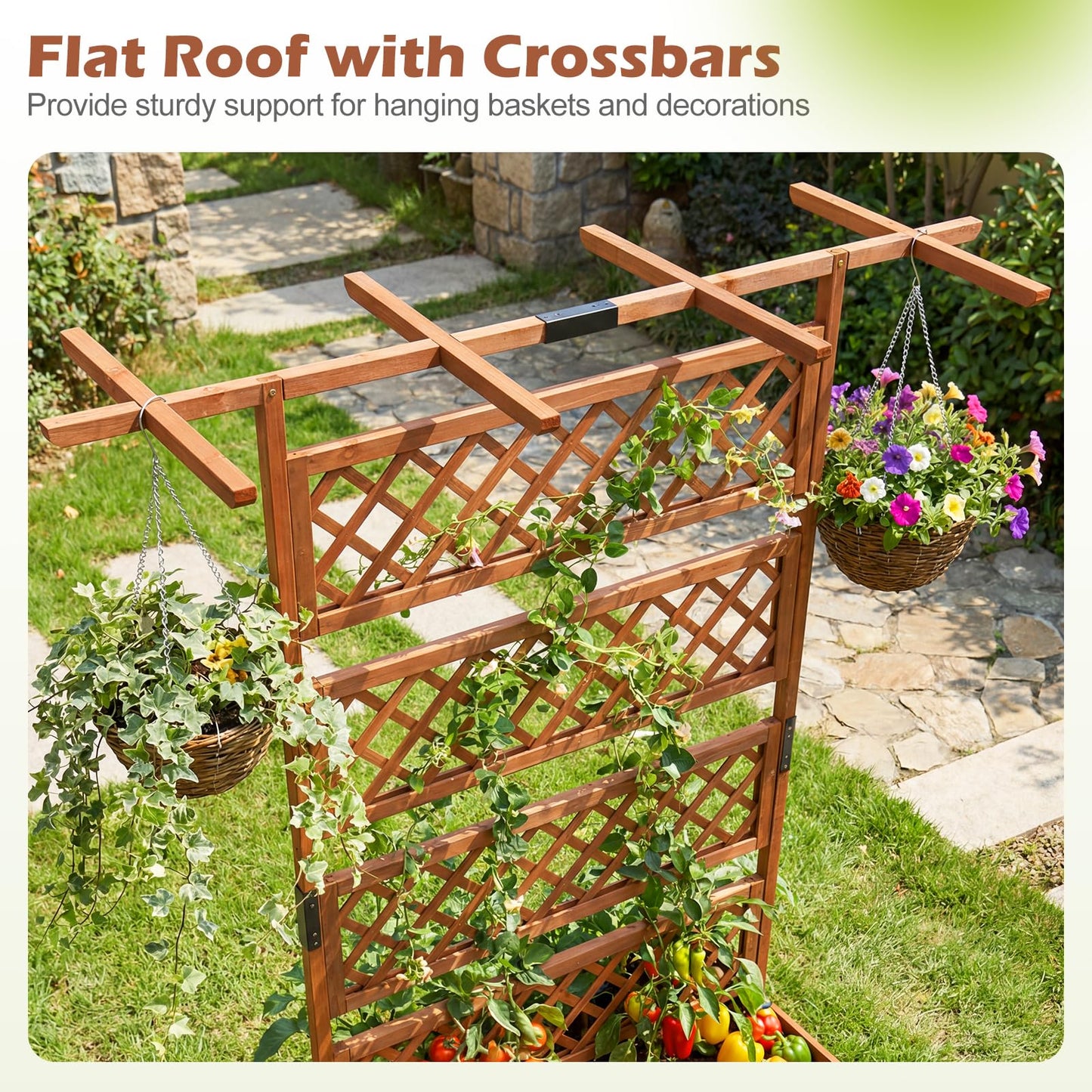 Wooden Planter Box Raised Garden Bed with Lattice Trellis