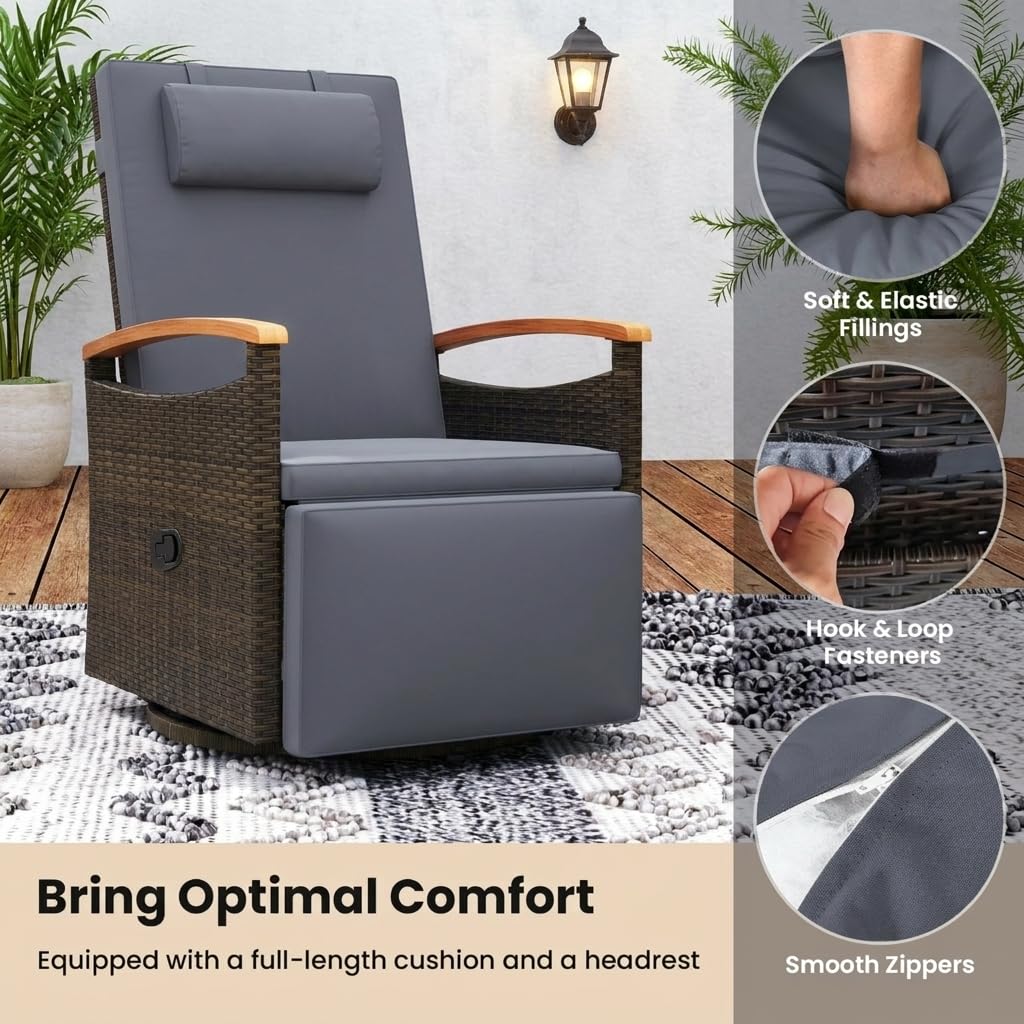 Outdoor 360° Swivel Rattan Recliner Chair with Adjustable Backrest and Footrest