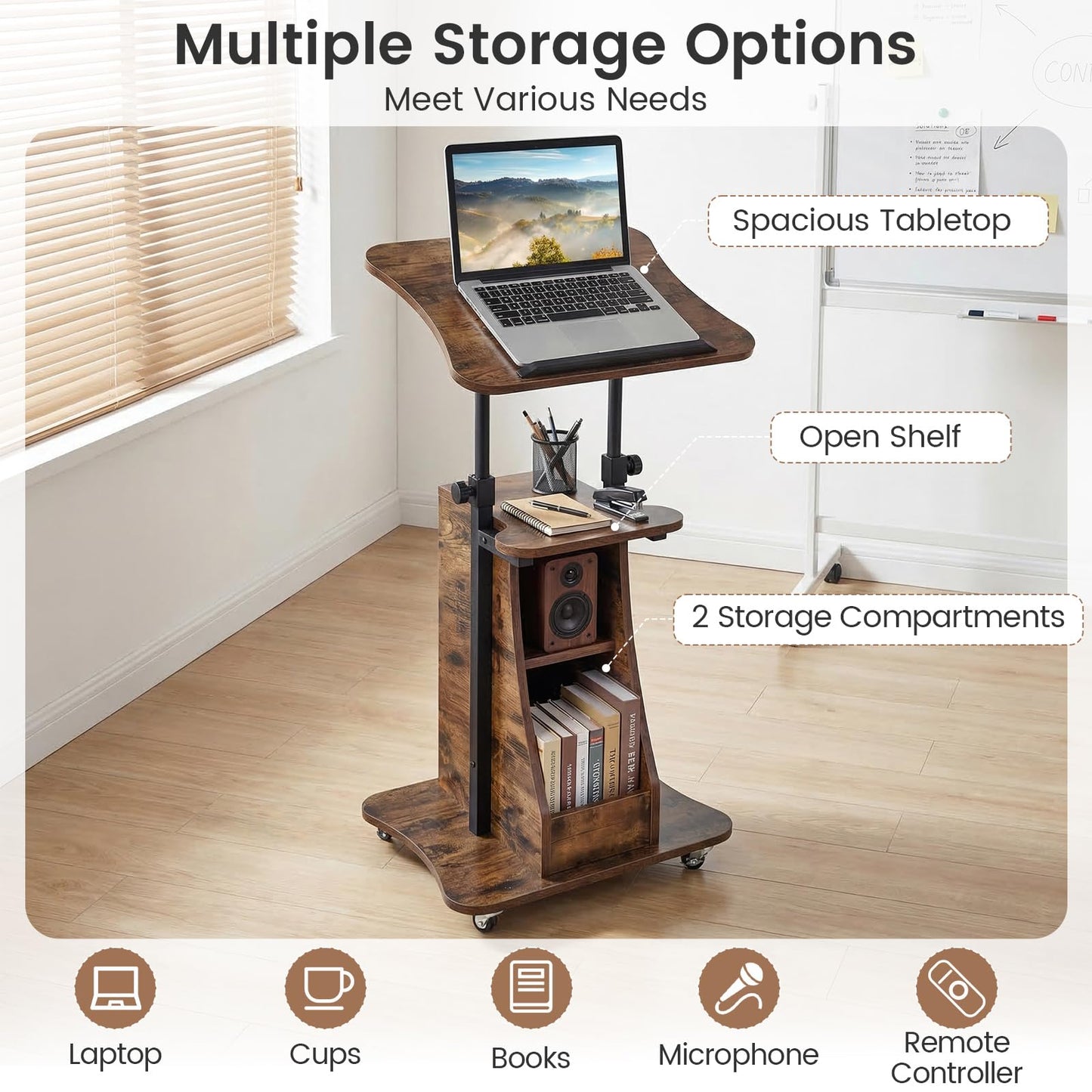 Mobile Laptop Table, Height Adjustable Sit Stand Desk Podium Stand Presentation Cart