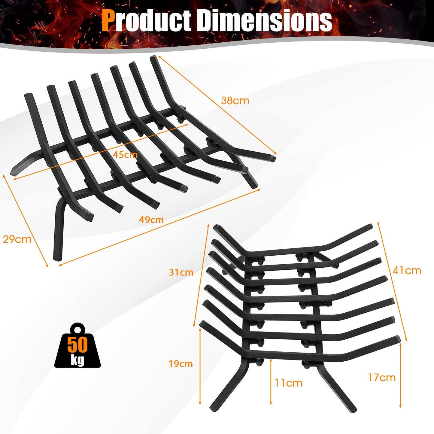 GiantexUK 19'' Fire Grate, Heavy Duty Steel Firewood Log Holder, Indoor Outdoor Fireplace Coal Wood Storage Basket Shelf