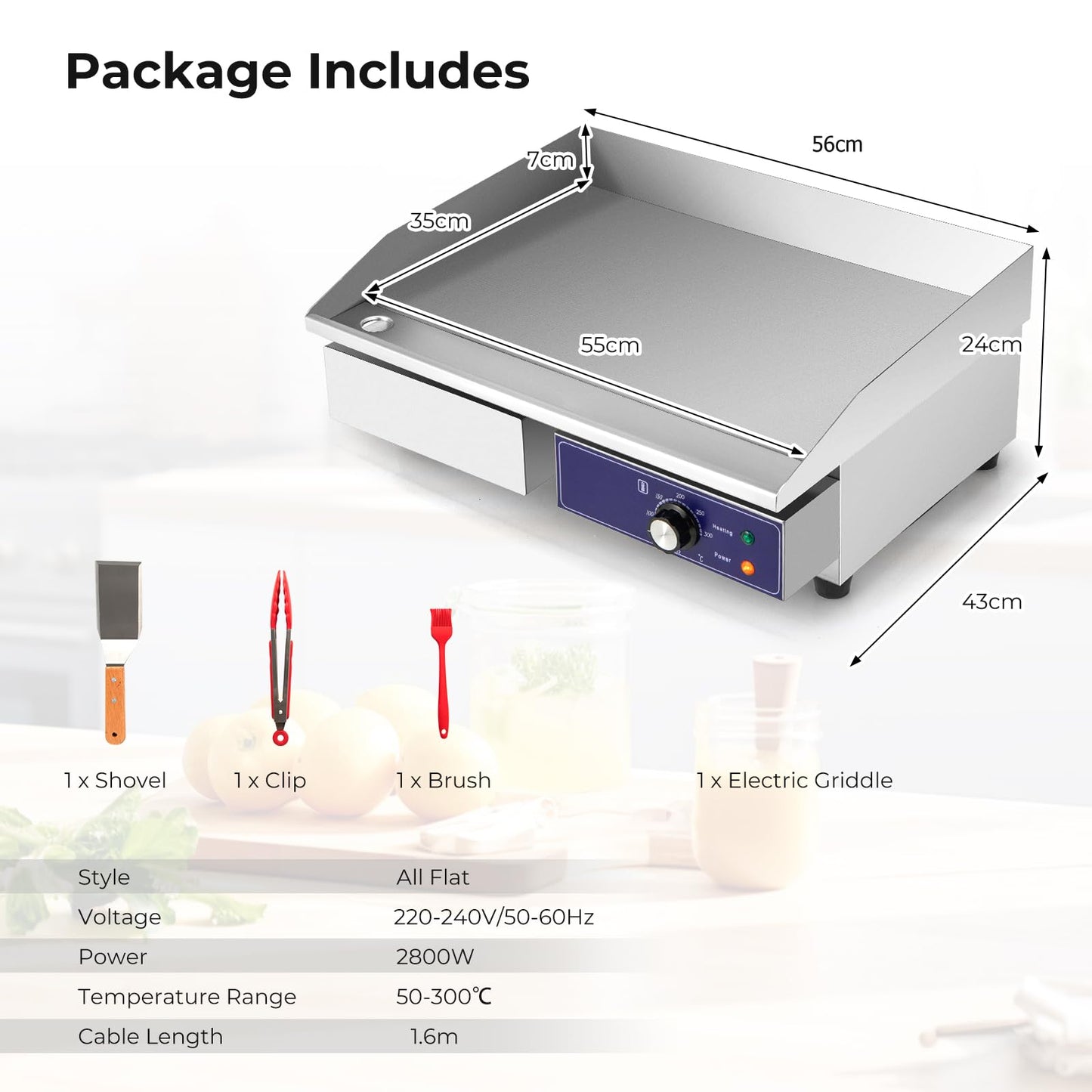 Countertop Electric Griddle 2800W 240V Commercial Stainless Steel Grill with 50℃-300℃ Adjustable Temp Control