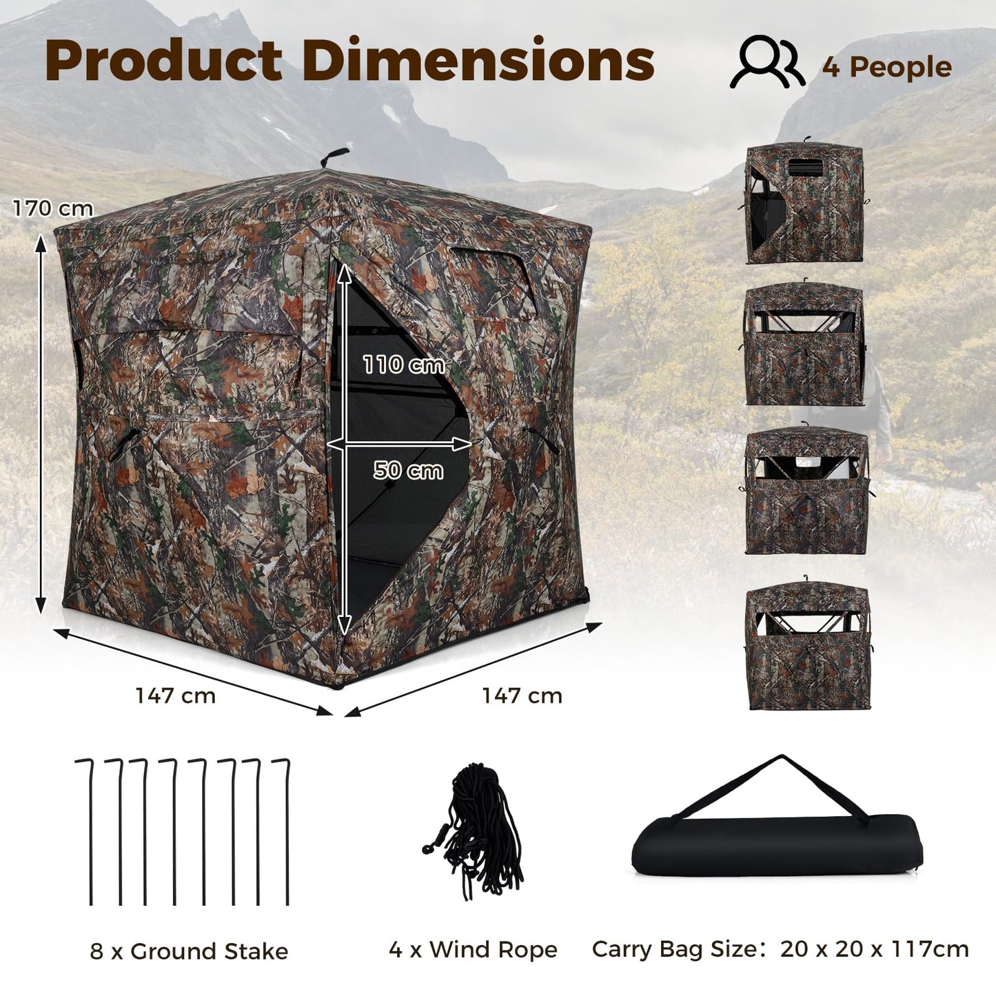 360 Degree One-way See-through Hunting Blind 4 People Ground Blind with Silent-slide Windows