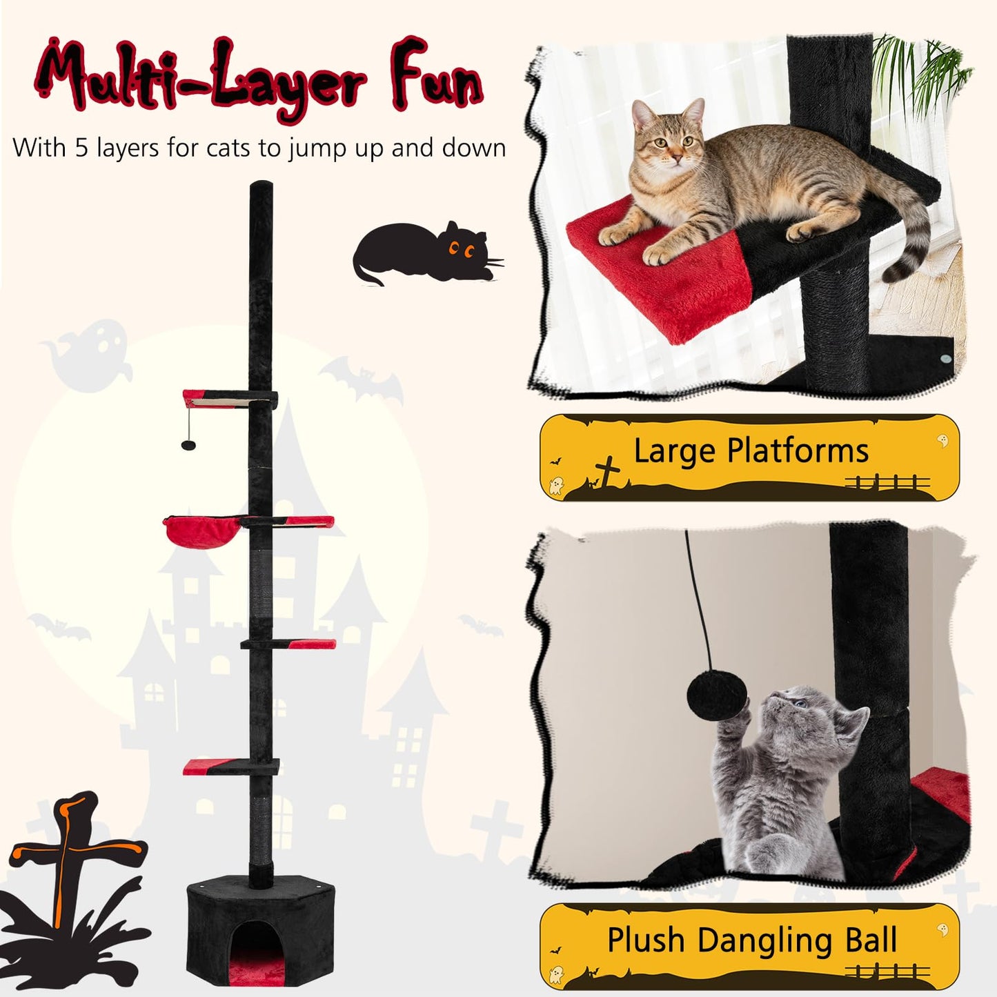 Floor to Ceiling Cat Tree, 5 Tier Tall Cat Tower with 245-300cm Adjustable Height