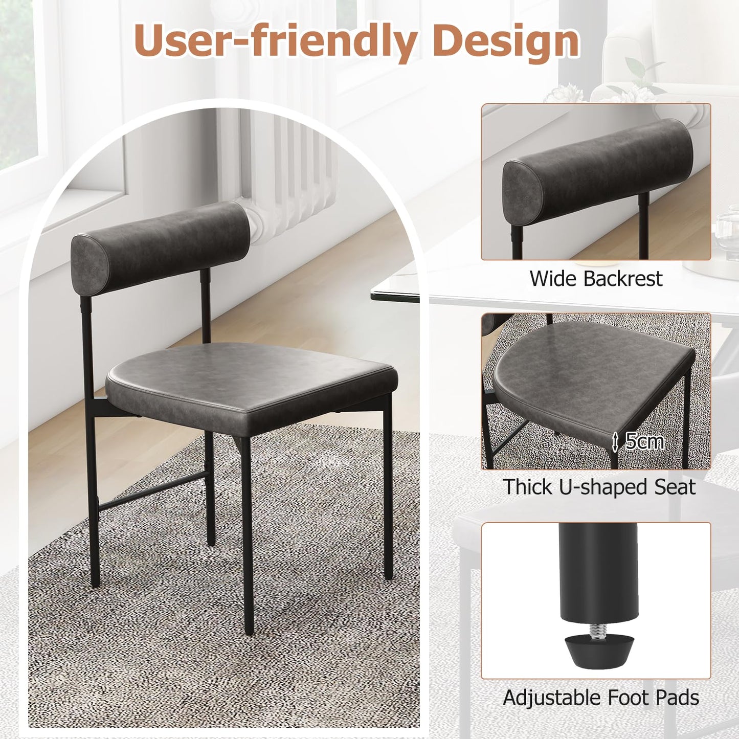 Faux Leather Upholstered Kitchen Side Chair with Curved and Padded Backrest