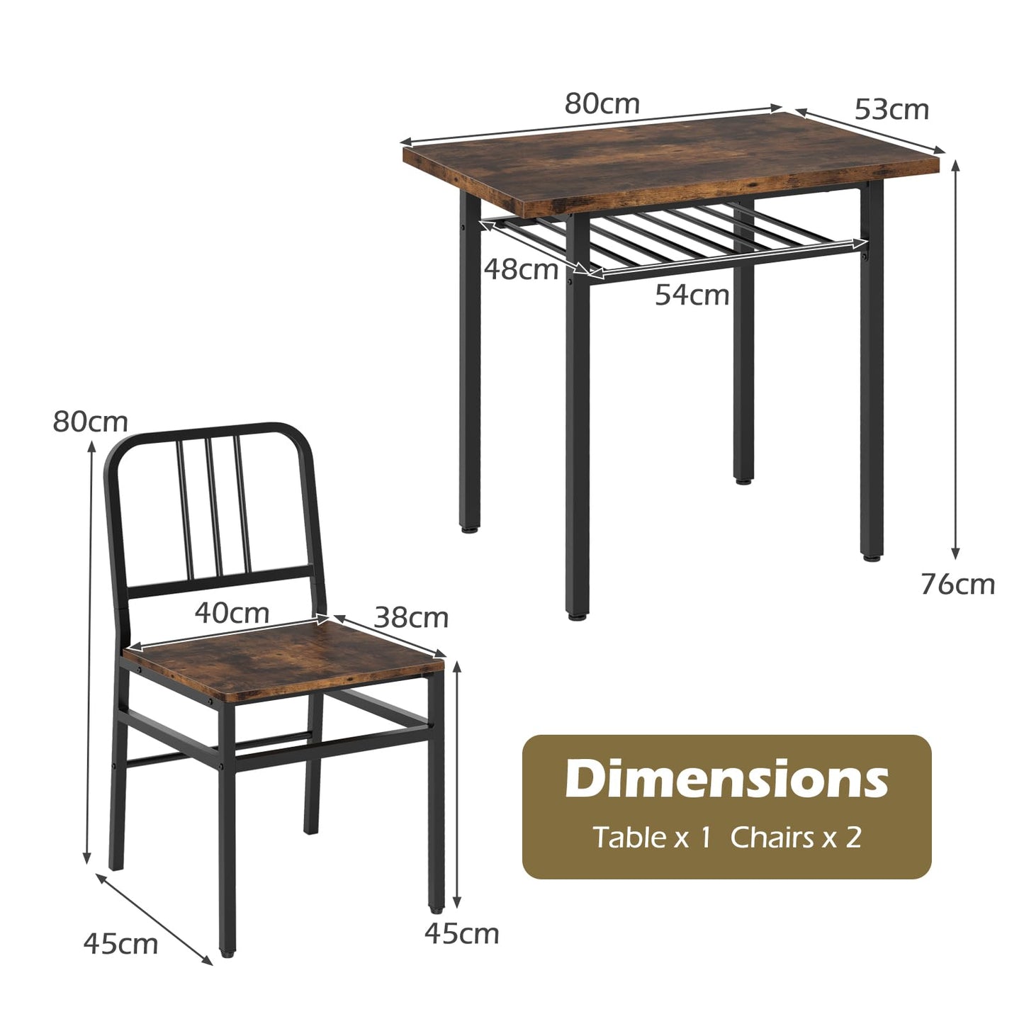 3-Piece Dining Table Set with Storage Rack and Metal Legs