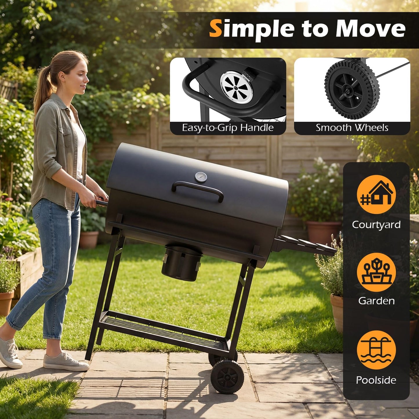 Charcoal BBQ Grill, Garden Barbecue Trolley with Wheels