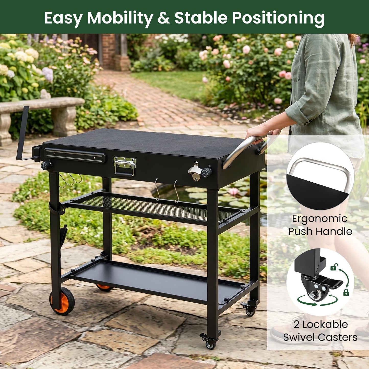 Portable Grill Table, Folding Grill Cart BBQ Prep Table with Heat-Resistant Mat