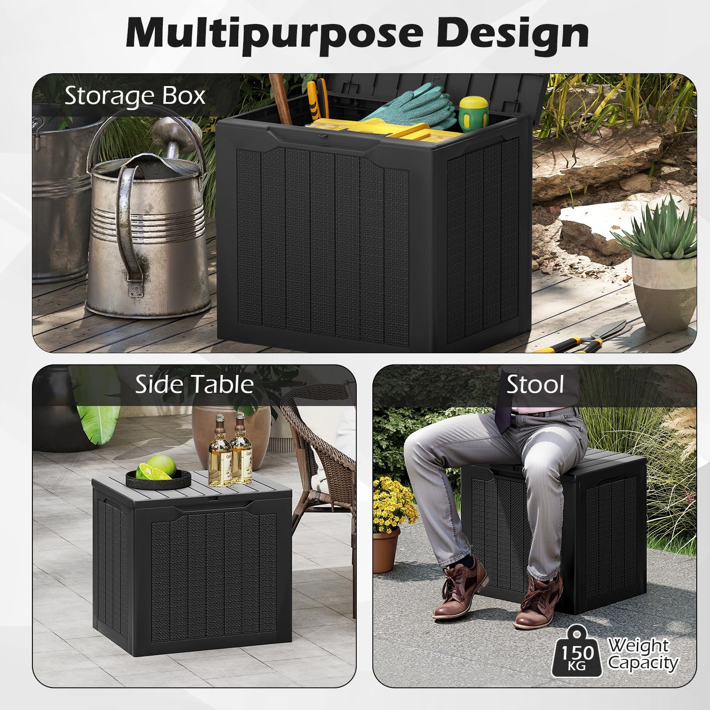 96L Outdoor Storage Box with Lockable Lid and Wicker-Woven Texture