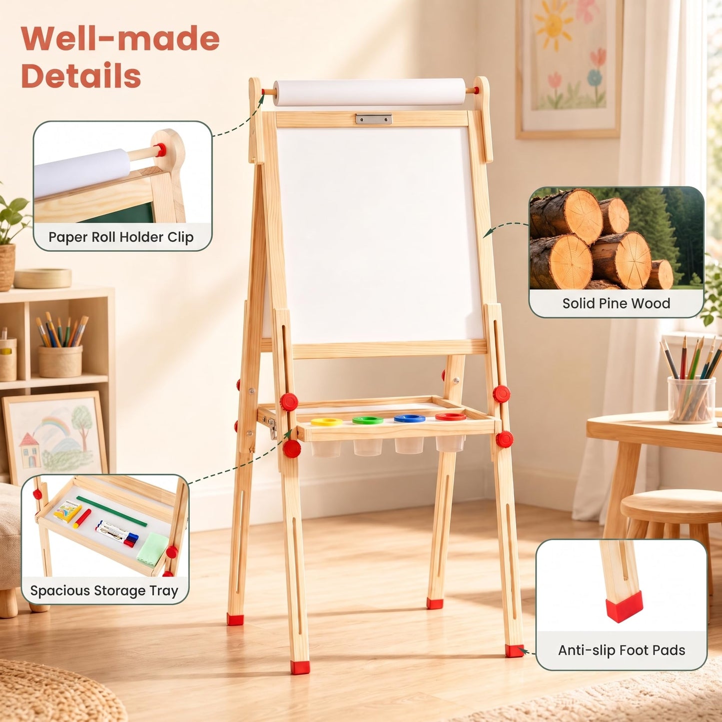 3-in-1 Kids Art Easel, Double-Sided Folding Wooden Easel