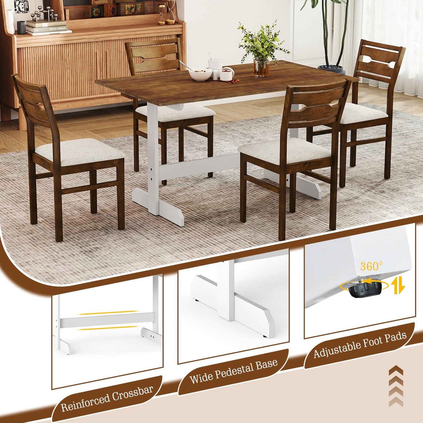 Dining Table for 4-6 People Rectangular Kitchen Table with Solid Wood Trestle Base