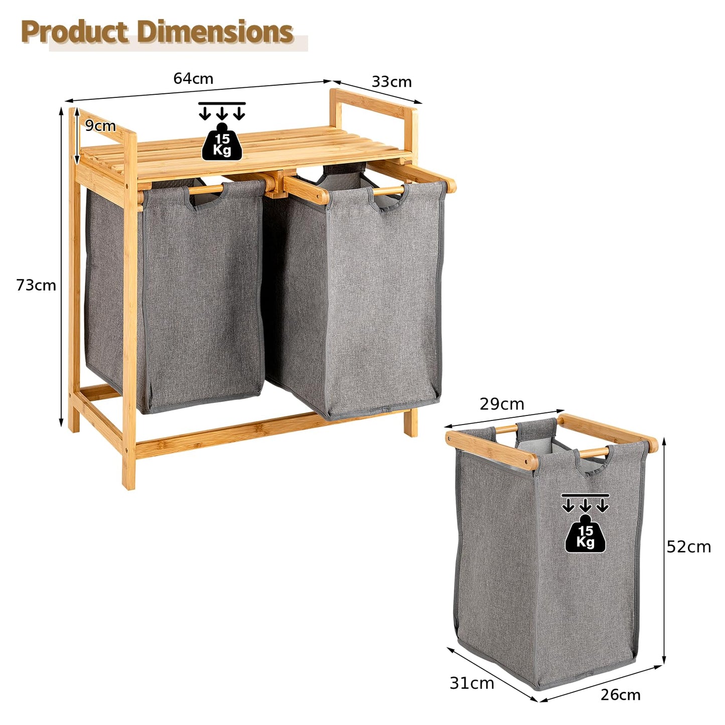 Bamboo Laundry Hamper with Dual Compartments and Removable Sliding Bags