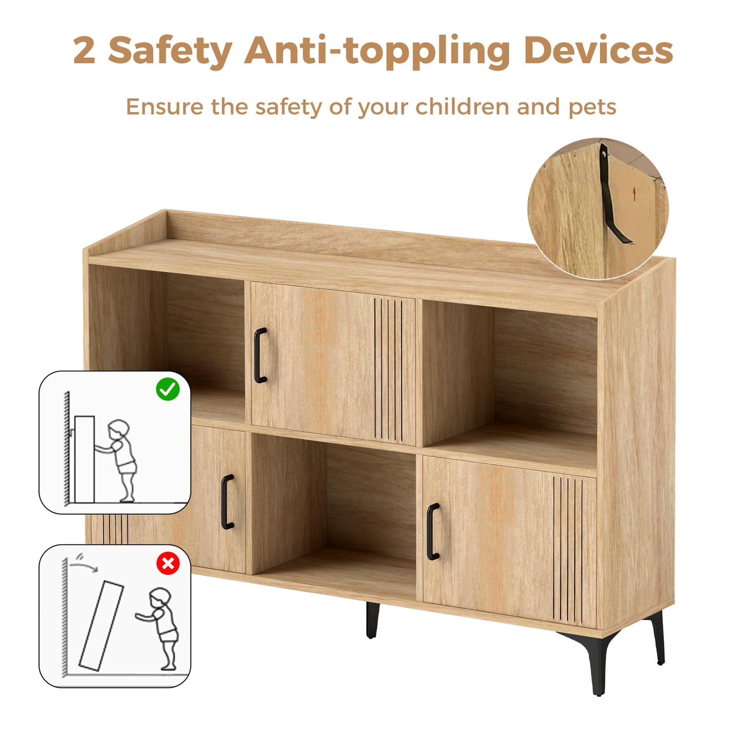 Sideboard Storage Cabinet Bookcase with 3 Doors and Open Compartments