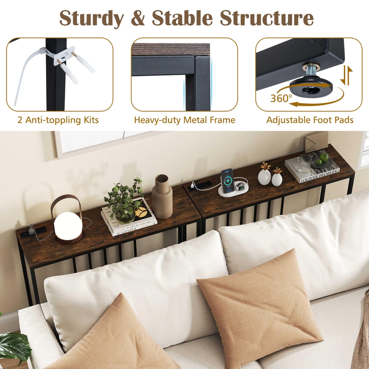 Console Table with Charging Station and Power Outlets for Hallway