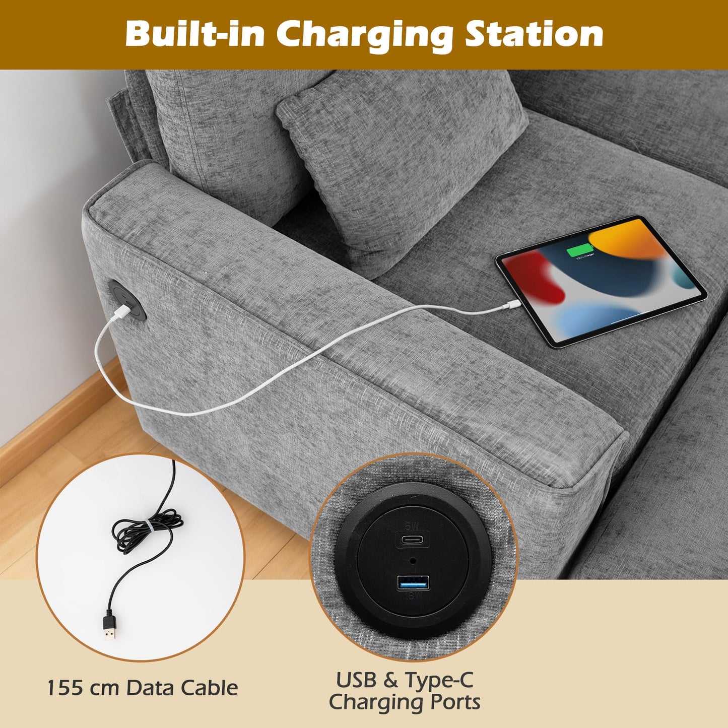 280 cm U-Shaped Sectional Sofa with 2 Ottomans & USB Charging Ports