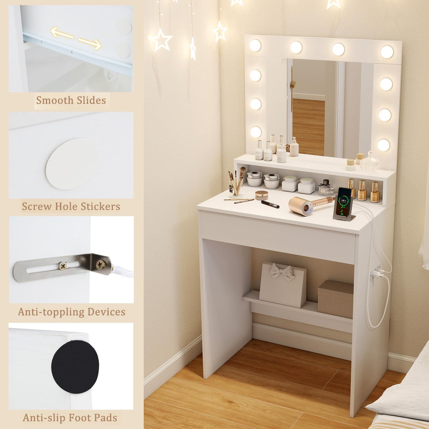 Vanity Desk with Mirror and Lights