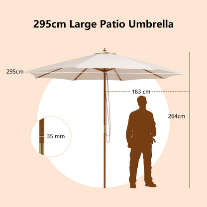 Pulley Operated Wood Patio Umbrella with 3 Gear Position and 8 Ribs
