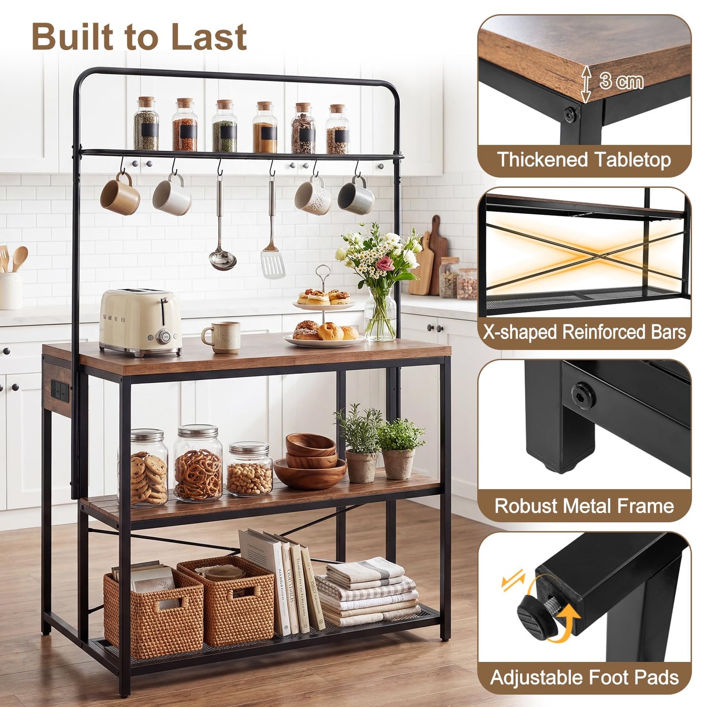 Kitchen Island with Power Outlet, Metal Coffee Bar Table with3 Open Shelves, 6 Hooks & Pull-out Basket, Industrial Bakers Rack Stationary Storage Island for Dining Room,