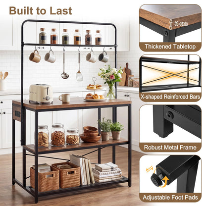 Kitchen Island with Power Outlet, Metal Coffee Bar Table with3 Open Shelves, 6 Hooks & Pull-out Basket, Industrial Bakers Rack Stationary Storage Island for Dining Room,