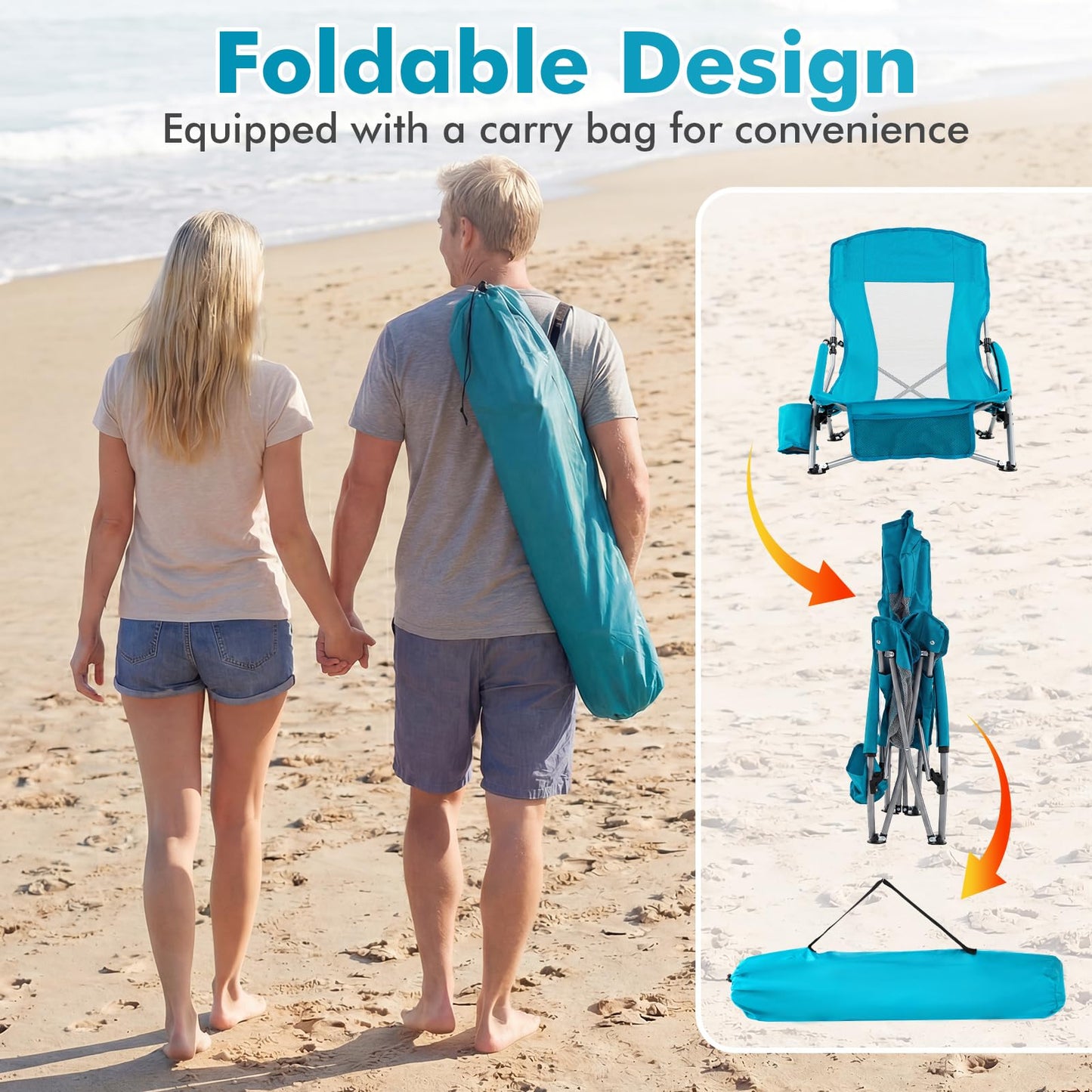 Folding Beach Chair with Padded Armrests and Storage Pocket