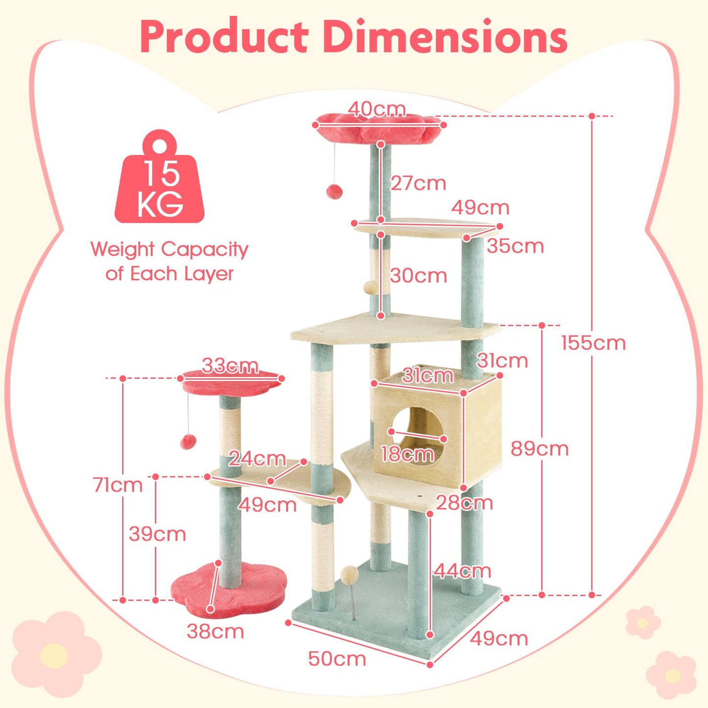 Multi-Level Aesthetic Floral Kitten Tower with Flower-Shaped Padded Perch