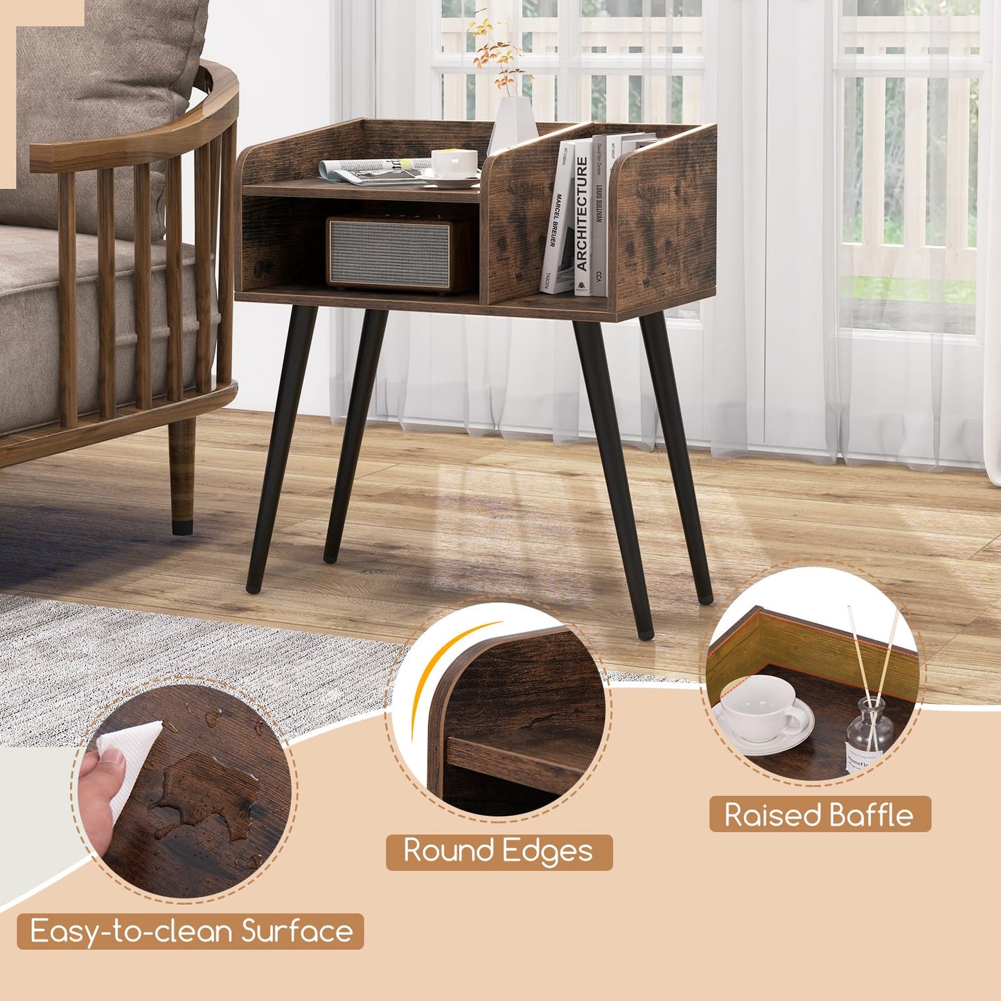 2-Tier Mid Century Modern Nightstand with Open Shelves