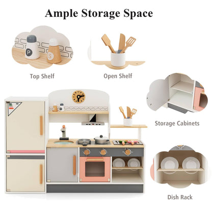 Wooden Pretend Kids Play Kitchen Set with Realistic Range Hood