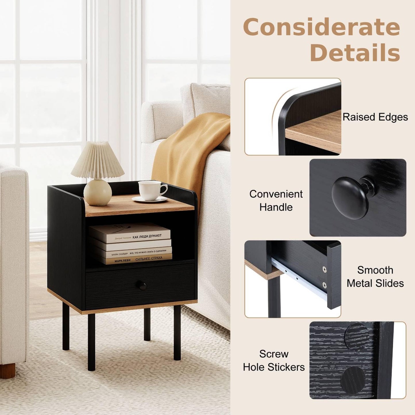 Modern Sofa Side Table with Drawer and Metal Legs for Small Spaces