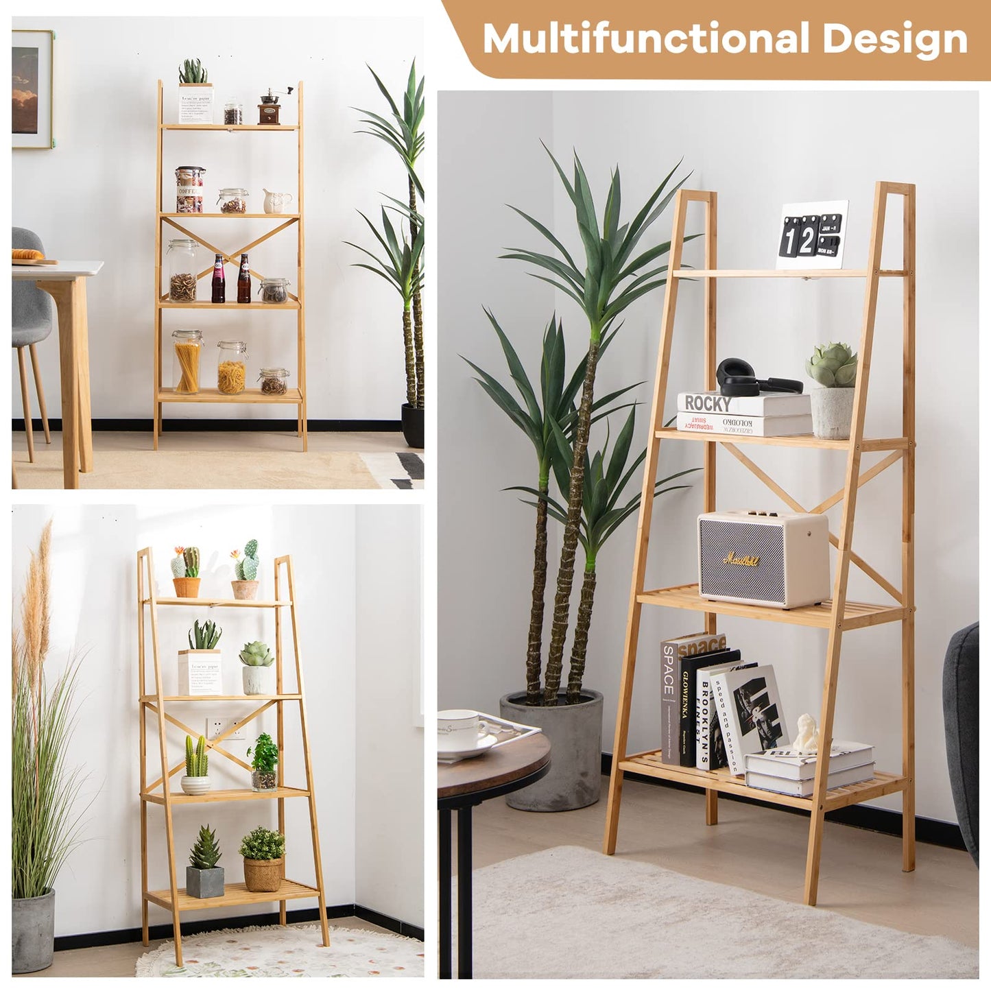 4 Tier Freestanding Bookcase with Anti Toppling Device for Living Room