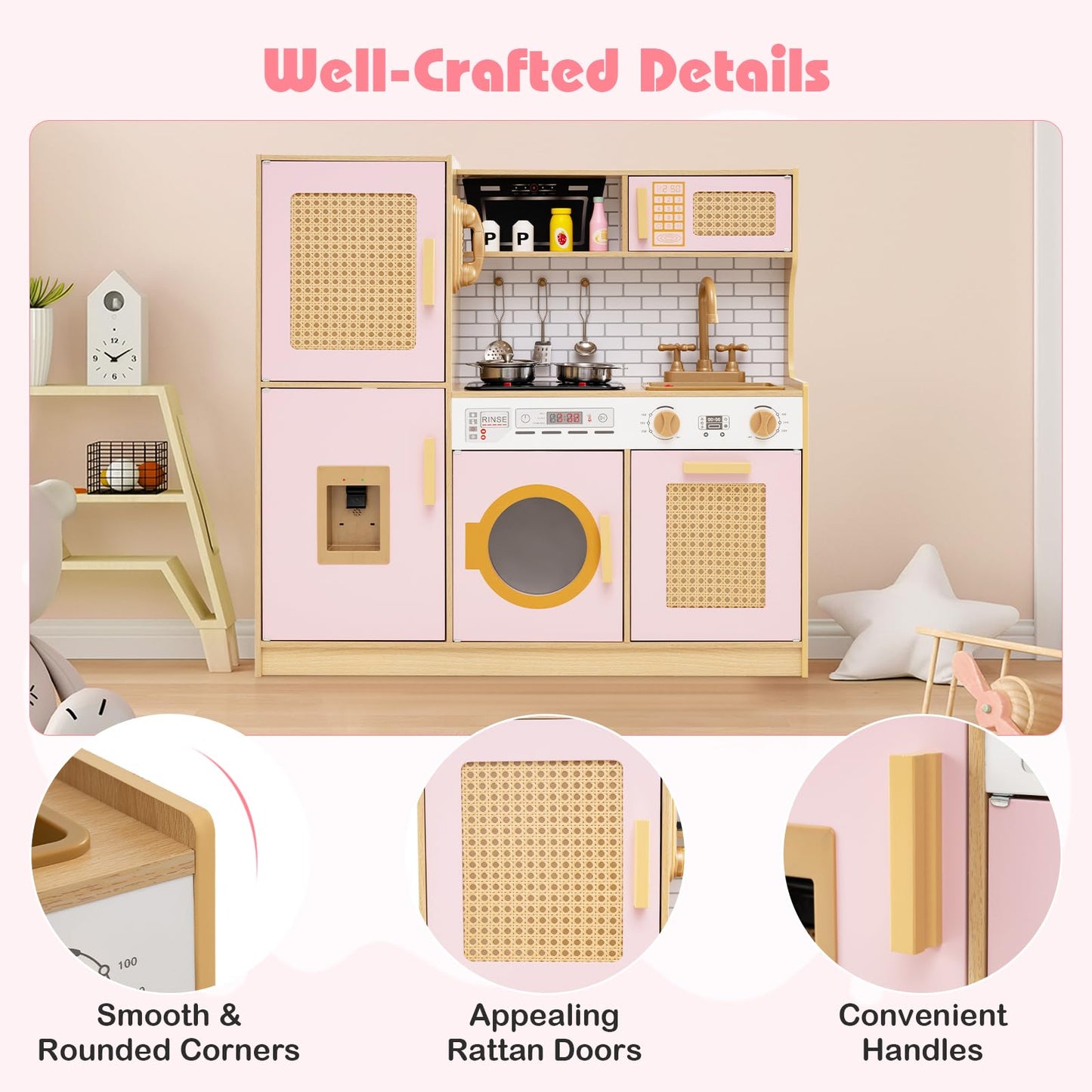 Wooden Kids Kitchen Playset with Real Sounds Lights Stove Water Dispenser