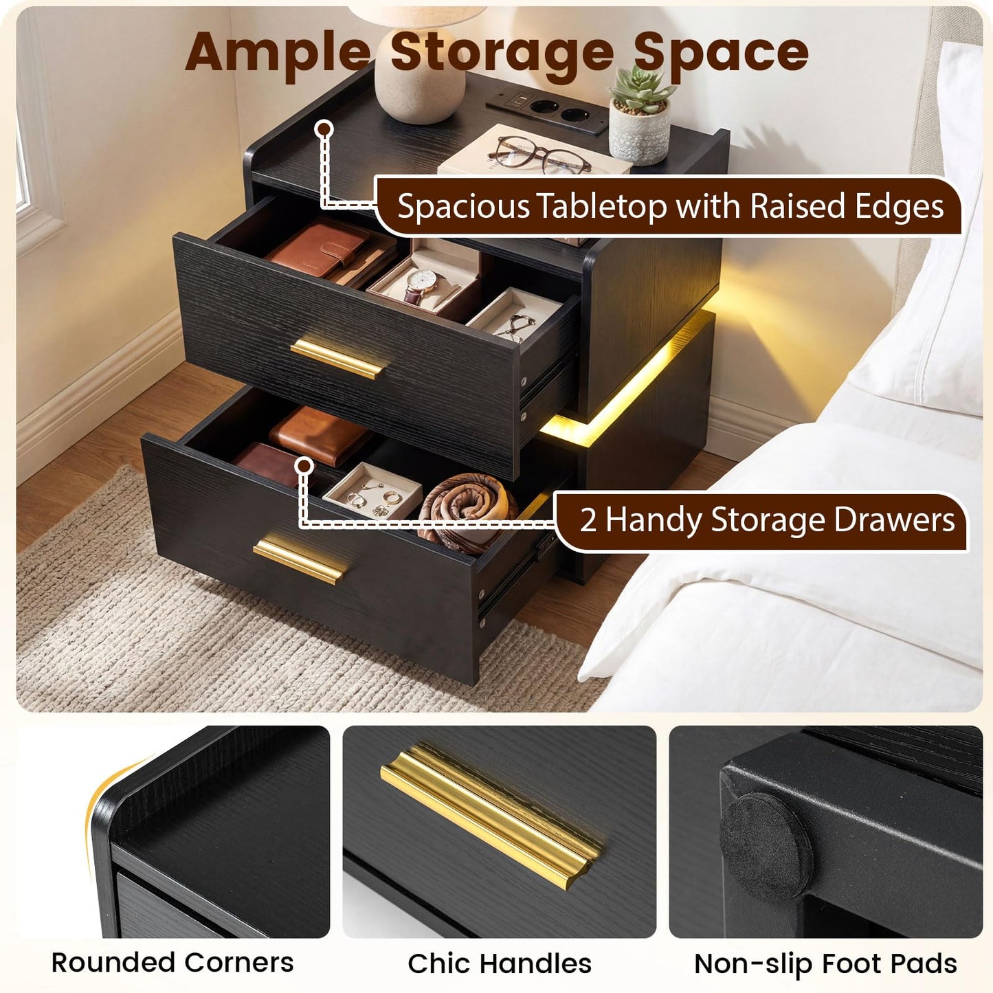 Nightstand with Charging Station and 2 Storage Drawers