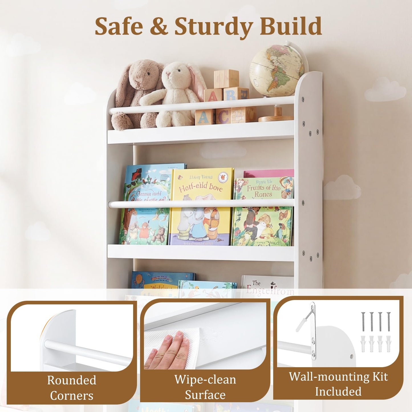Kids Bookshelf Wall Mounted, 4-Tier Children's Bookcase Book Shelf