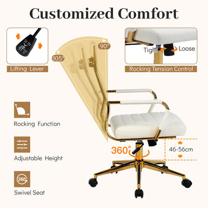 White Gold Office Chair with Ribbed PU Leather & Adjustable Backrest for Indoor