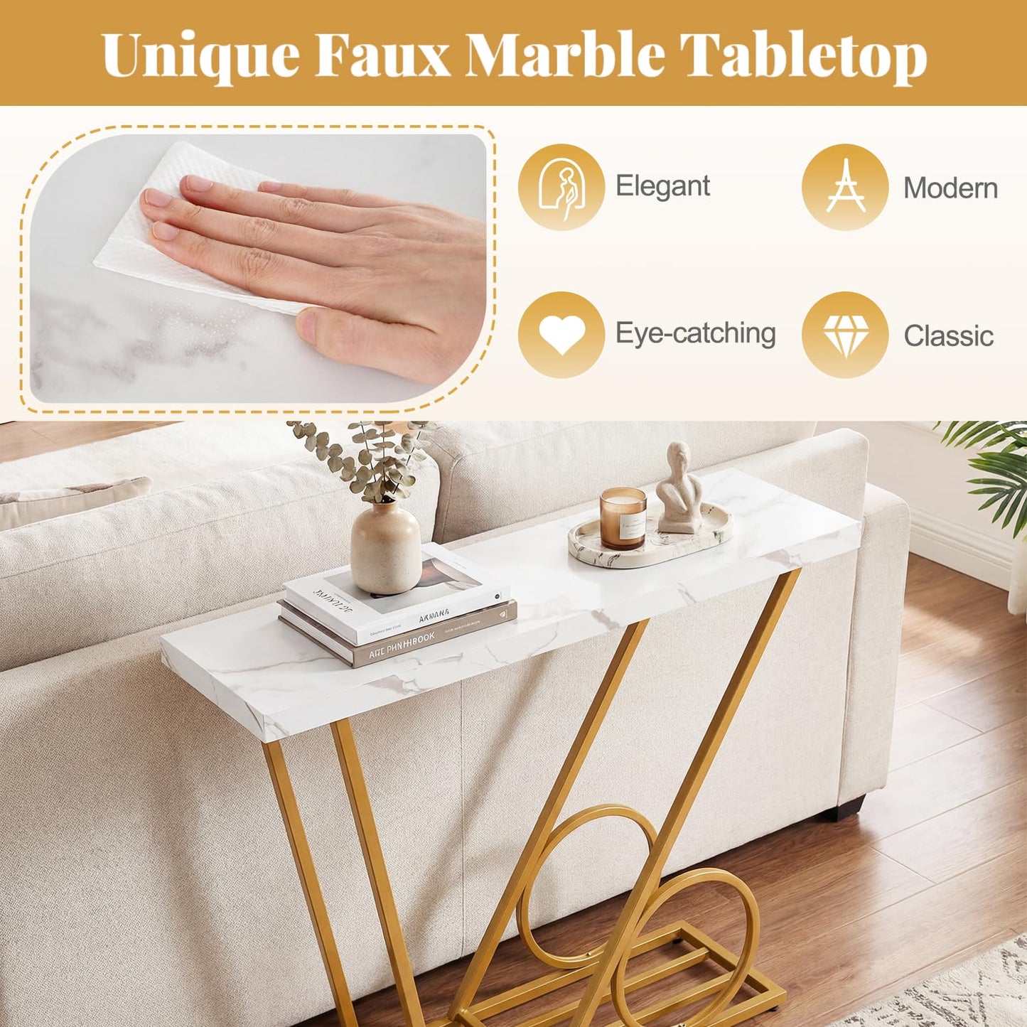 Console Table, 100cm Faux Marble Slim Entryway Table Hall Desk