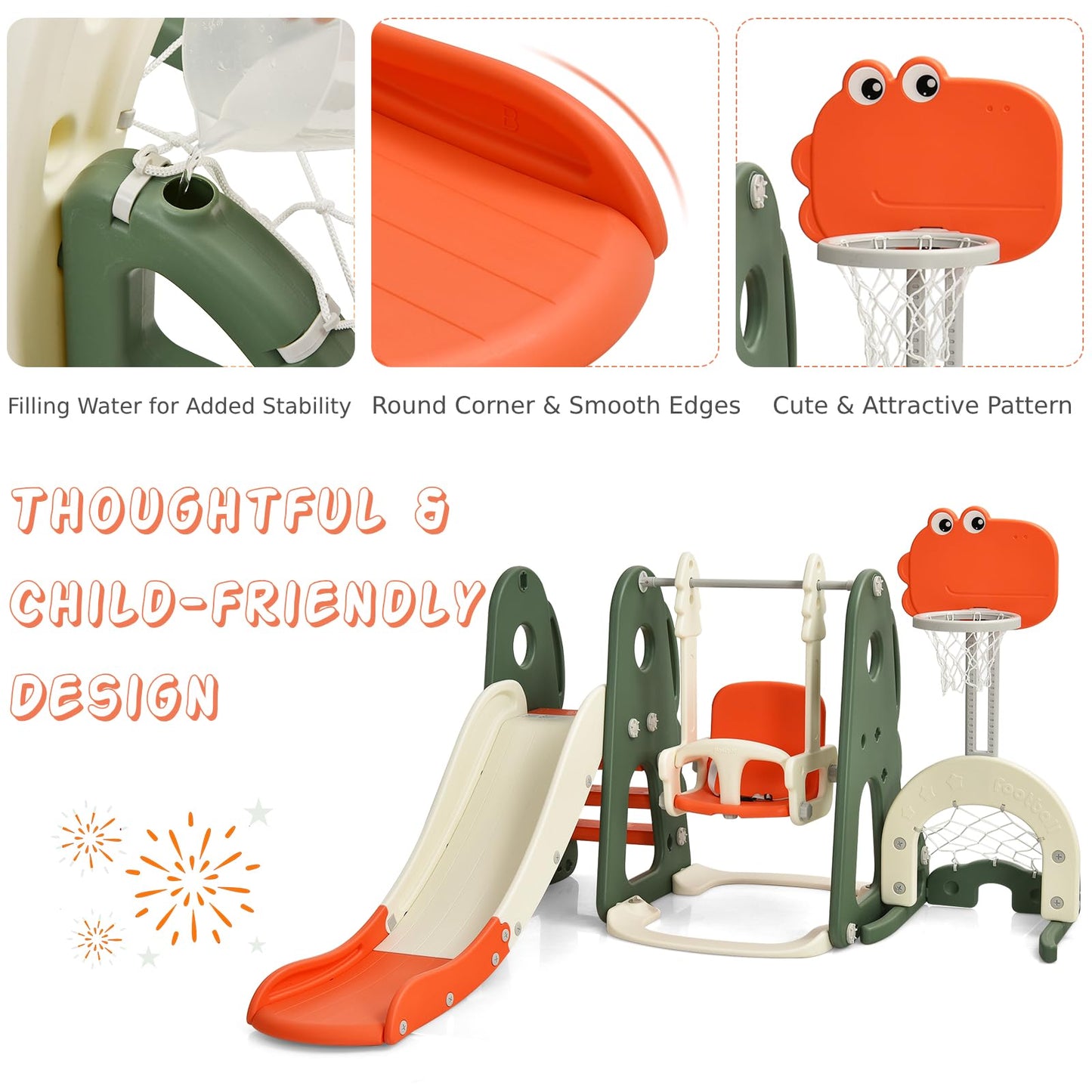 6 in 1 Toddler Slide and Swing Set with Adjustable Basketball Hoop for Indoor