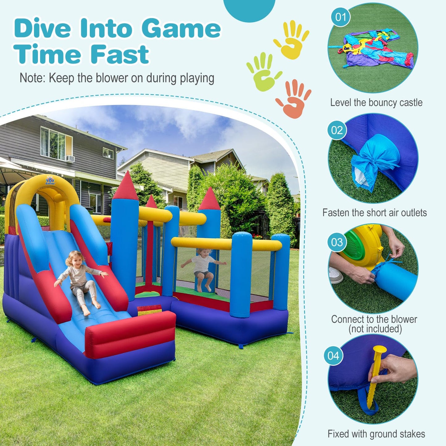 Inflatable Bounce Castle with Climbing Wall and Long Slide Without Blower