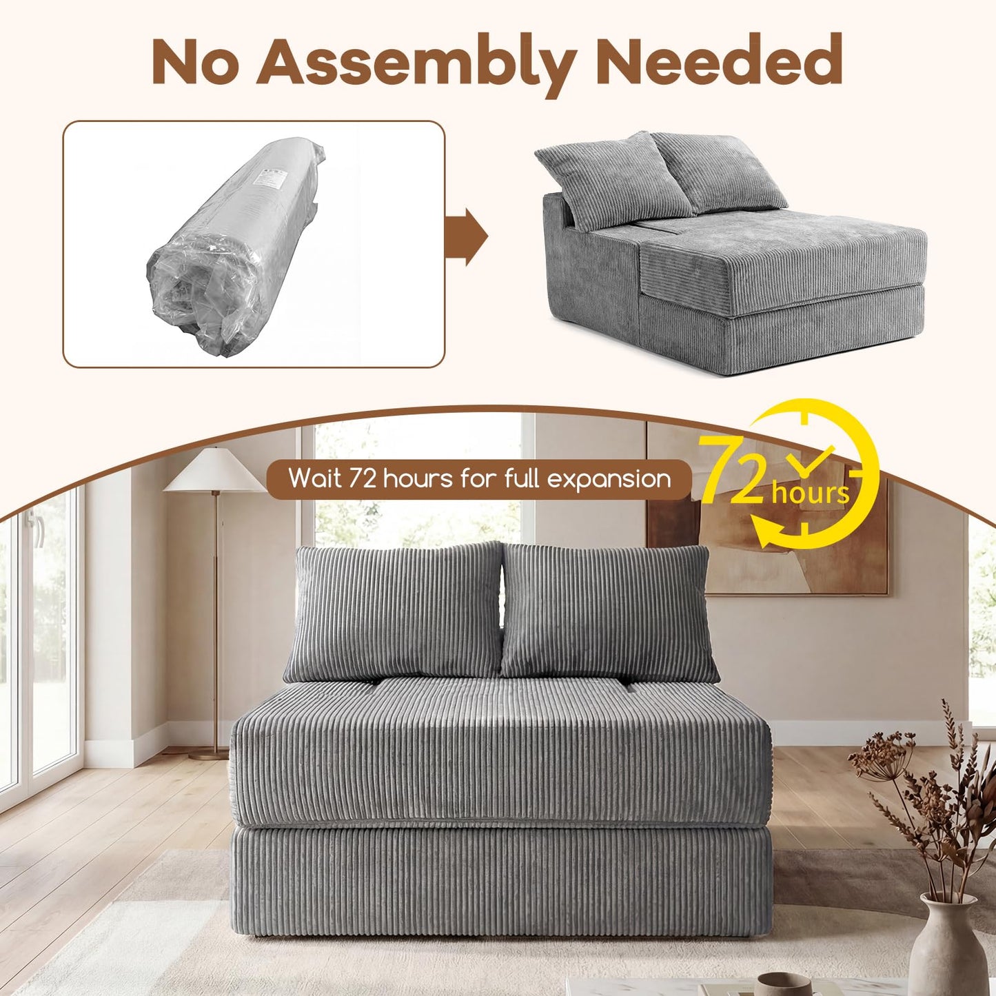 Folding Sofa Bed, Convertible Sleeper Chair Floor Sofa, No Assembly