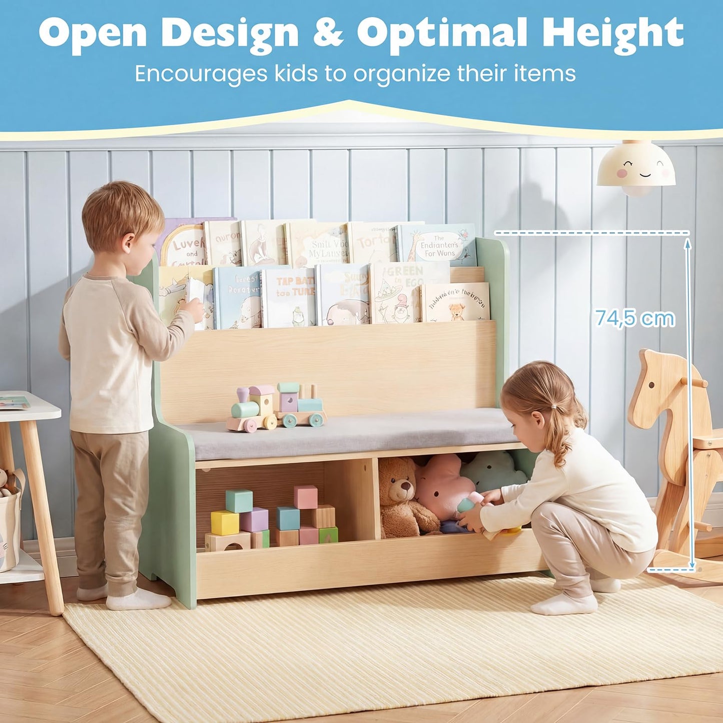 Kids Reading Nook with Bench Toddler Toy Storage Organizer with Bookshelf and 2 Cubbies