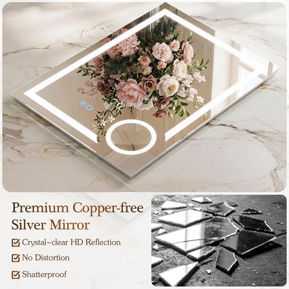 500x700mm Bathroom Mirror with LED Lights, 3x Magnifier, Anti-Fog