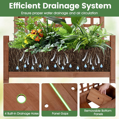 Raised Garden Bed with Trellis, Wooden Trough Planter, Outdoor Garden Weather-Resistant Plant Rack for Vines