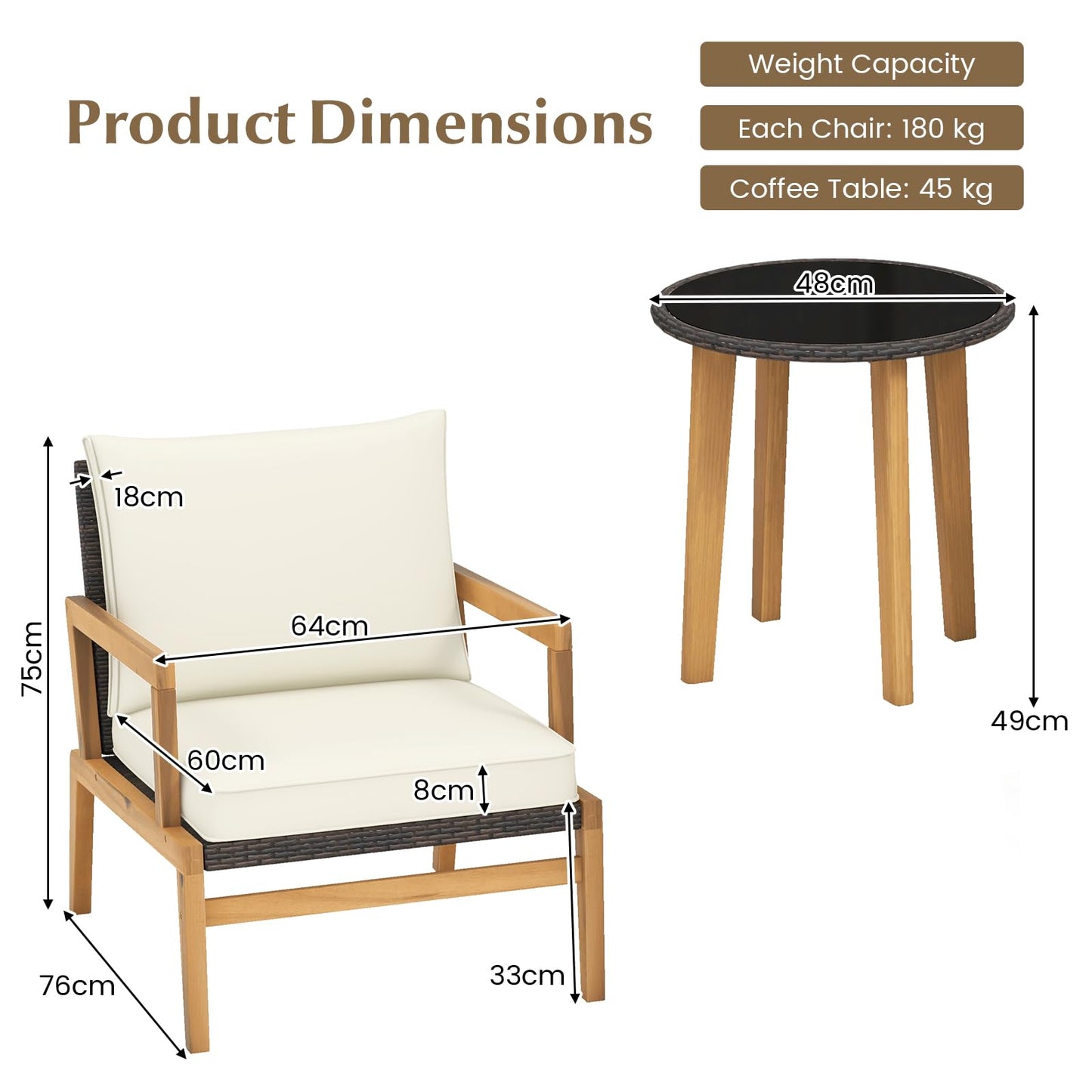 Wooden Patio Bistro Set with Soft Cushions and Tempered Glass Tabletop,