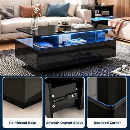 90 CM High LED Coffee Table with 2 Storage Drawers and 20-Color LED Lights