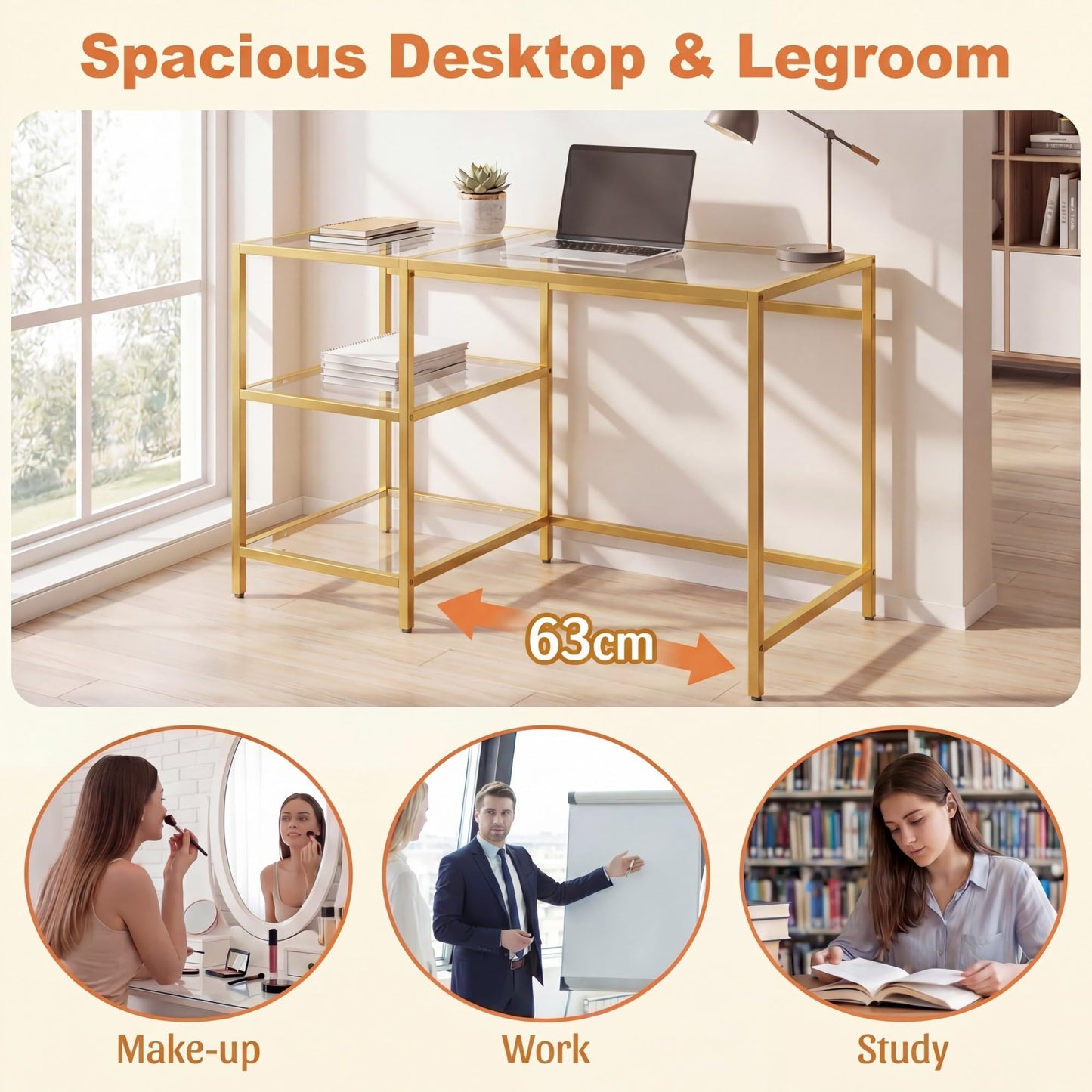 Tempered Glass Computer Desk Modern Office Desk with Open Storage Shelves